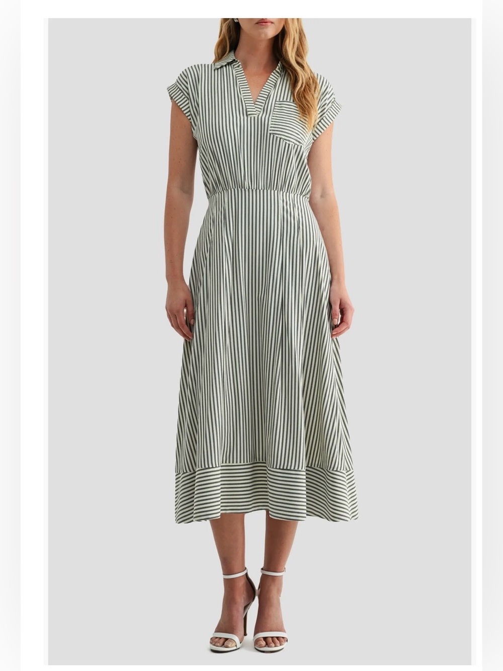 Mila Mae Striped cream and black Cap-Sleeve Midi Dress -NEW